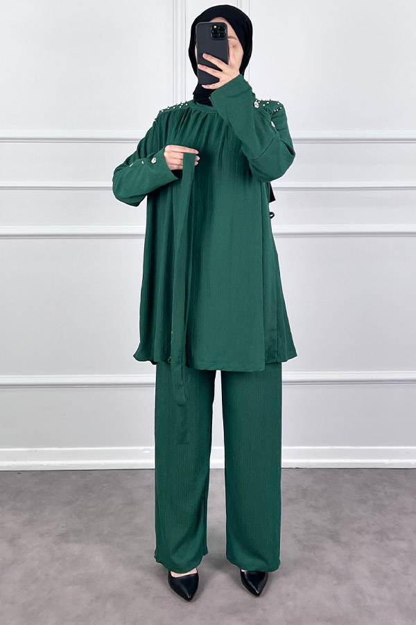 Düğmeli Taş Detaylı İkili Takım - Haki