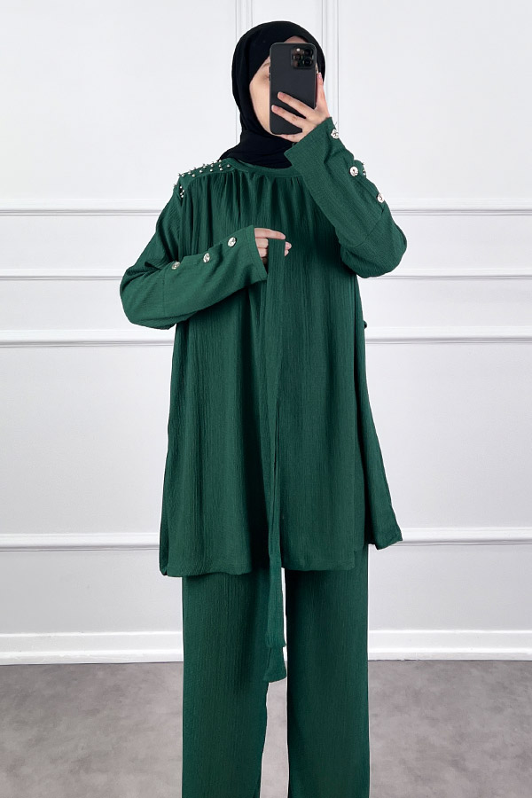 Düğmeli Taş Detaylı İkili Takım - Haki