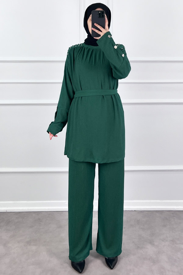 Düğmeli Taş Detaylı İkili Takım - Haki