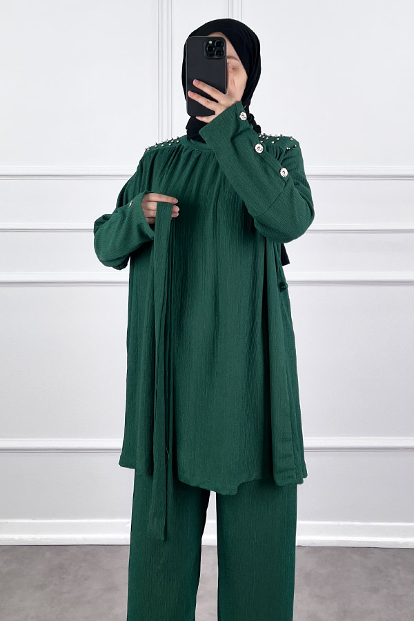 Düğmeli Taş Detaylı İkili Takım - Haki