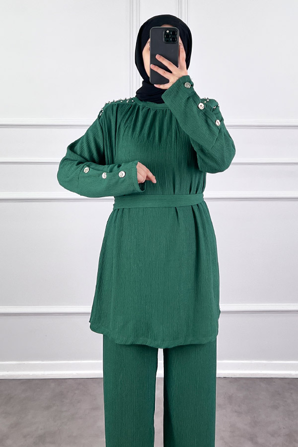 Düğmeli Taş Detaylı İkili Takım - Haki