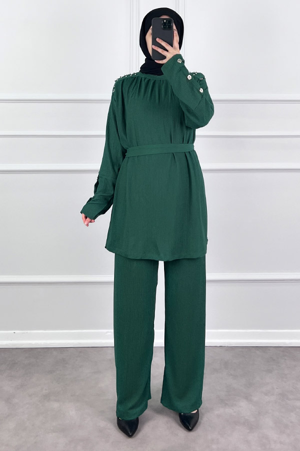 Düğmeli Taş Detaylı İkili Takım - Haki