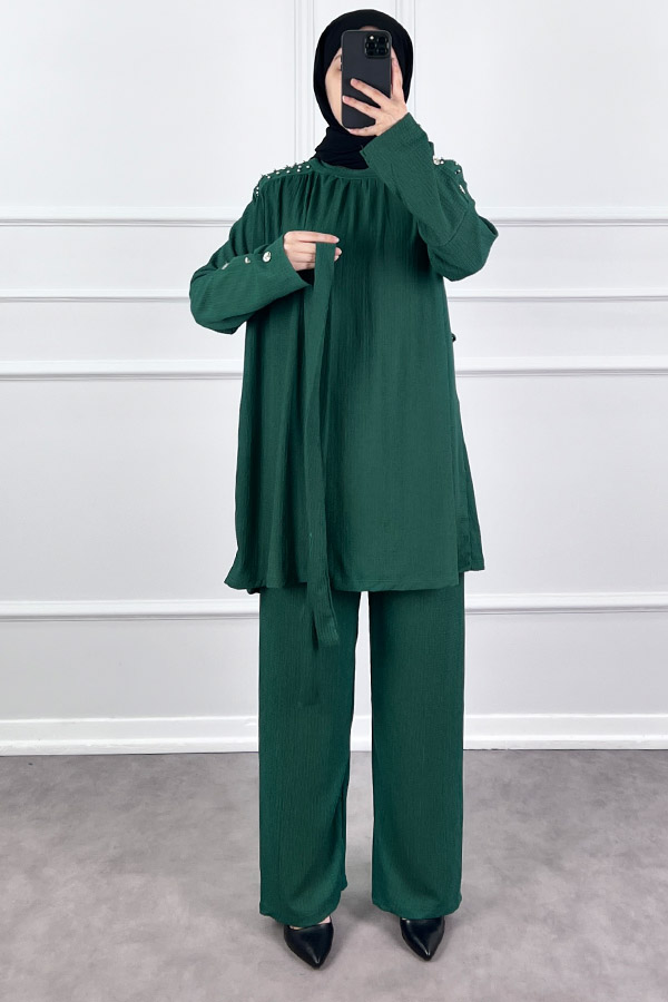 Düğmeli Taş Detaylı İkili Takım - Haki