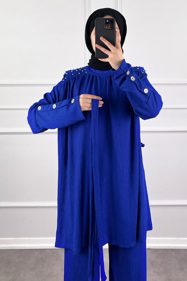 Düğmeli Taş Detaylı İkili Takım - Mavi