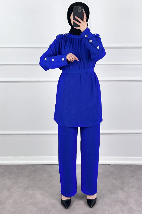 Düğmeli Taş Detaylı İkili Takım - Mavi