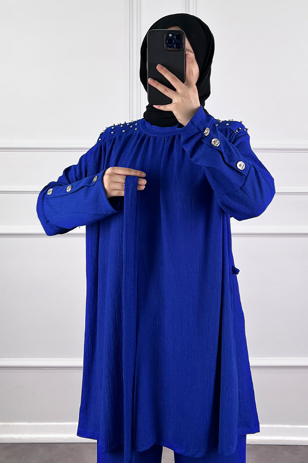 Düğmeli Taş Detaylı İkili Takım - Mavi