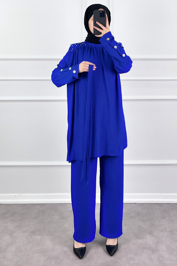 Düğmeli Taş Detaylı İkili Takım - Mavi