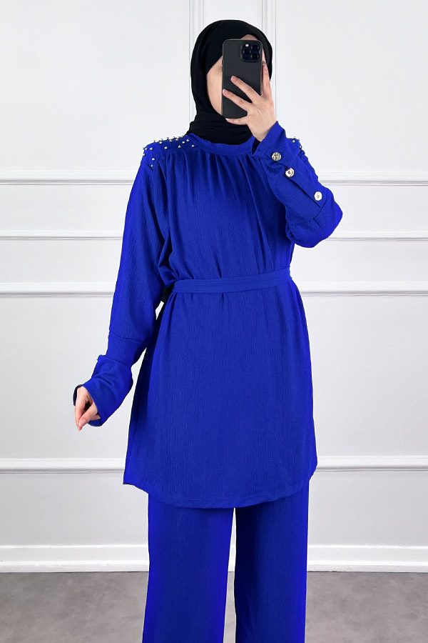 Düğmeli Taş Detaylı İkili Takım - Mavi