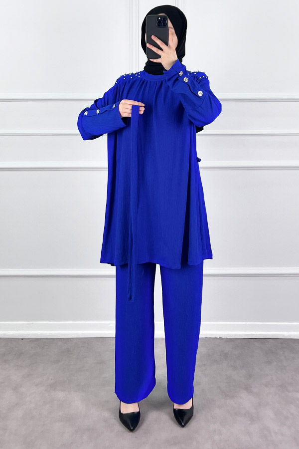 Düğmeli Taş Detaylı İkili Takım - Mavi