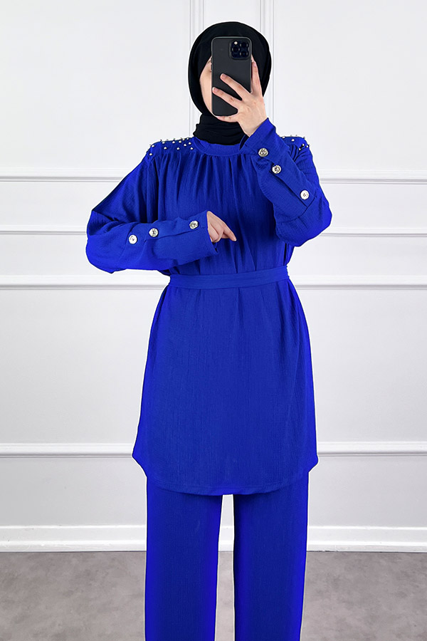Düğmeli Taş Detaylı İkili Takım - Mavi