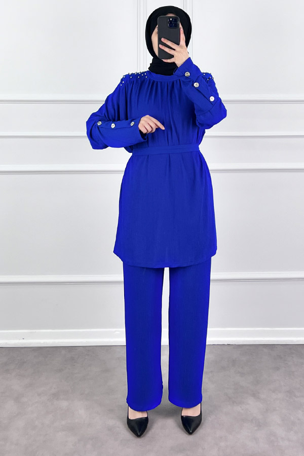 Düğmeli Taş Detaylı İkili Takım - Mavi