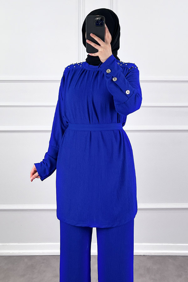 Düğmeli Taş Detaylı İkili Takım - Mavi