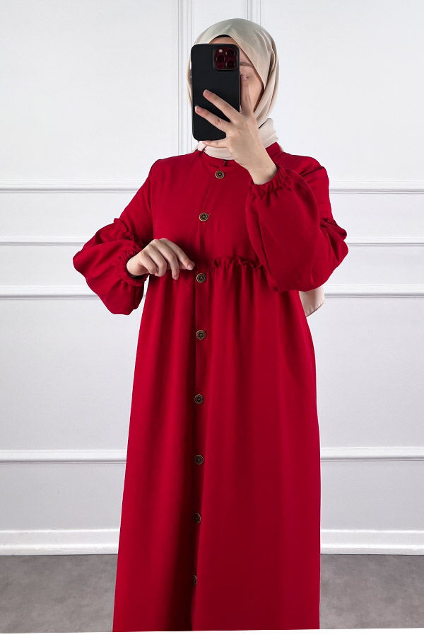 Düğmeli Tesettür Ayrobin Elbise - Kırmızı