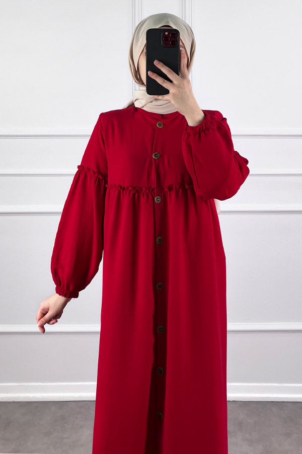 Düğmeli Tesettür Ayrobin Elbise - Kırmızı