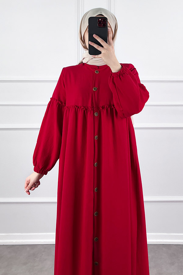 Düğmeli Tesettür Ayrobin Elbise - Kırmızı