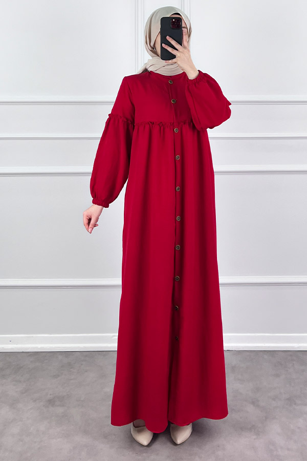Düğmeli Tesettür Ayrobin Elbise - Kırmızı