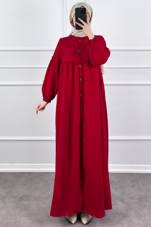 Düğmeli Tesettür Ayrobin Elbise - Kırmızı