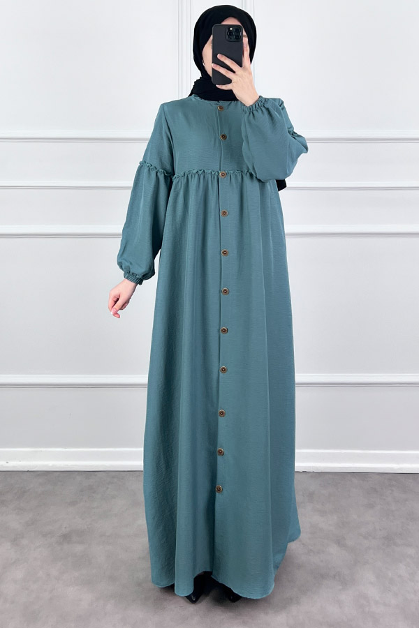 Düğmeli Tesettür Ayrobin Elbise - Mint