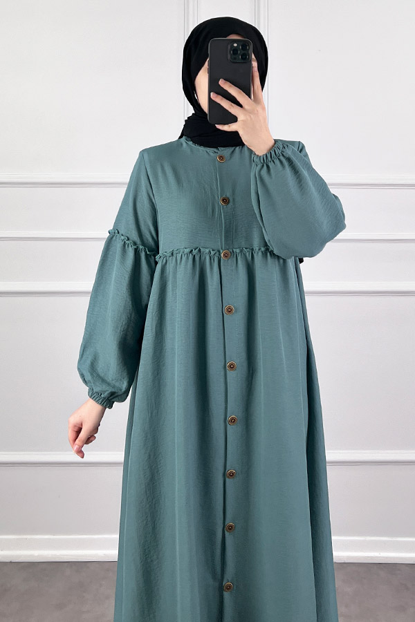 Düğmeli Tesettür Ayrobin Elbise - Mint