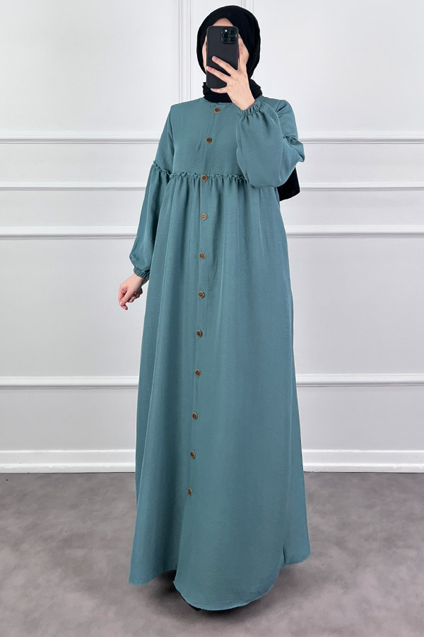 Düğmeli Tesettür Ayrobin Elbise - Mint
