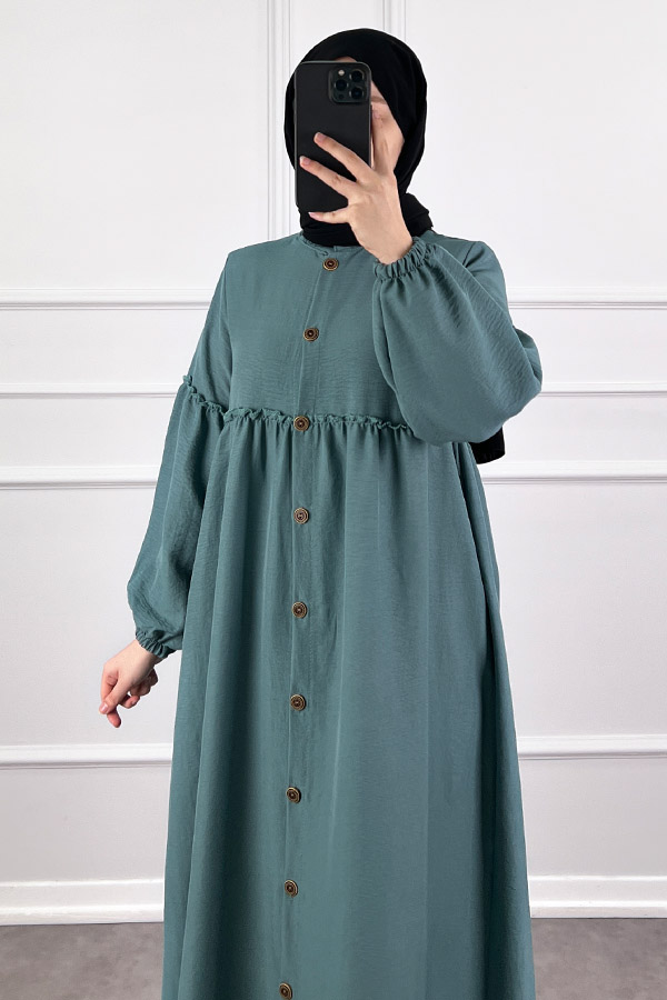 Düğmeli Tesettür Ayrobin Elbise - Mint