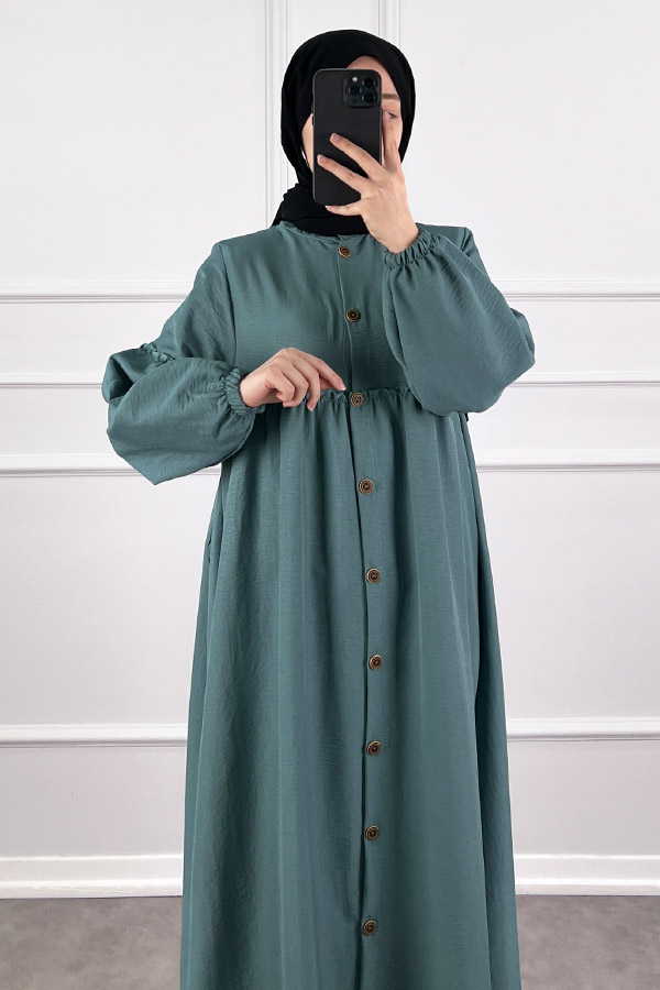 Düğmeli Tesettür Ayrobin Elbise - Mint