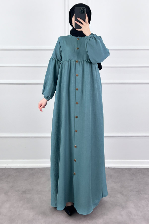 Düğmeli Tesettür Ayrobin Elbise - Mint
