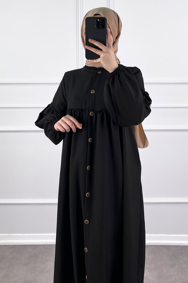 Düğmeli Tesettür Ayrobin Elbise - Siyah