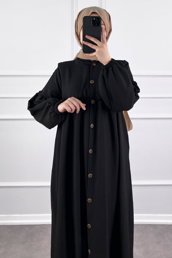 Düğmeli Tesettür Ayrobin Elbise - Siyah