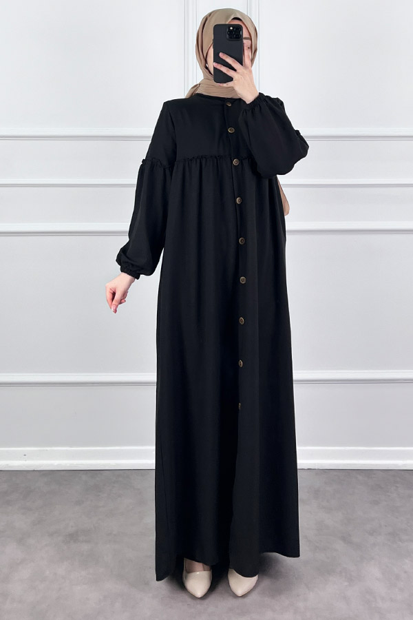 Düğmeli Tesettür Ayrobin Elbise - Siyah