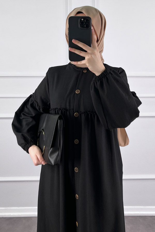 Düğmeli Tesettür Ayrobin Elbise - Siyah