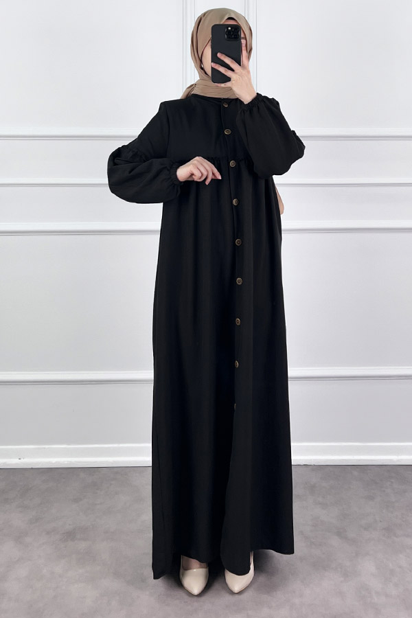 Düğmeli Tesettür Ayrobin Elbise - Siyah