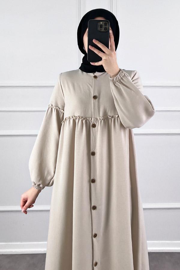 Düğmeli Tesettür Ayrobin Elbise - Taş