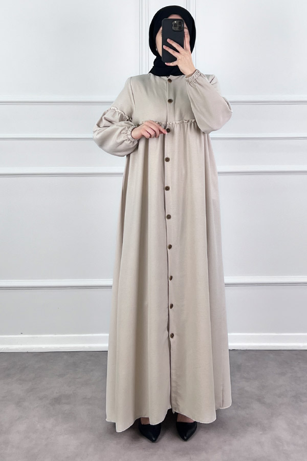Düğmeli Tesettür Ayrobin Elbise - Taş