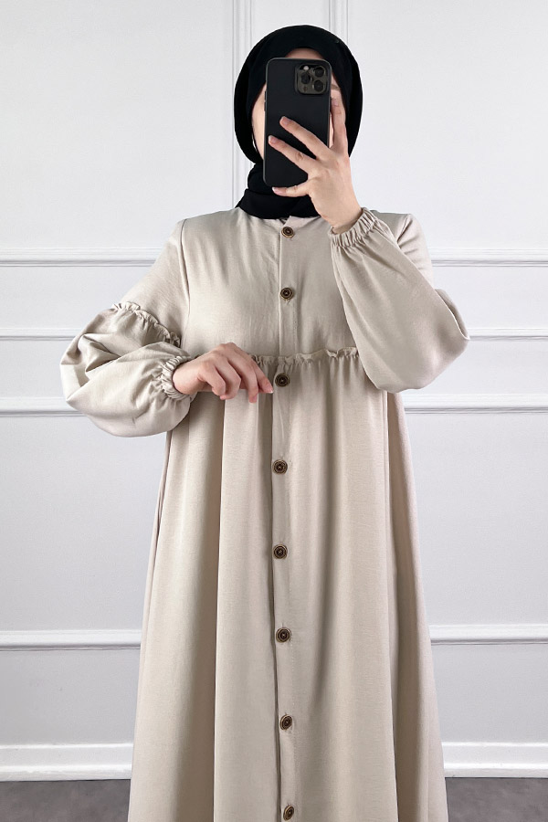 Düğmeli Tesettür Ayrobin Elbise - Taş
