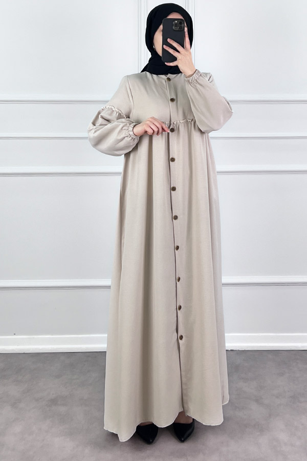 Düğmeli Tesettür Ayrobin Elbise - Taş
