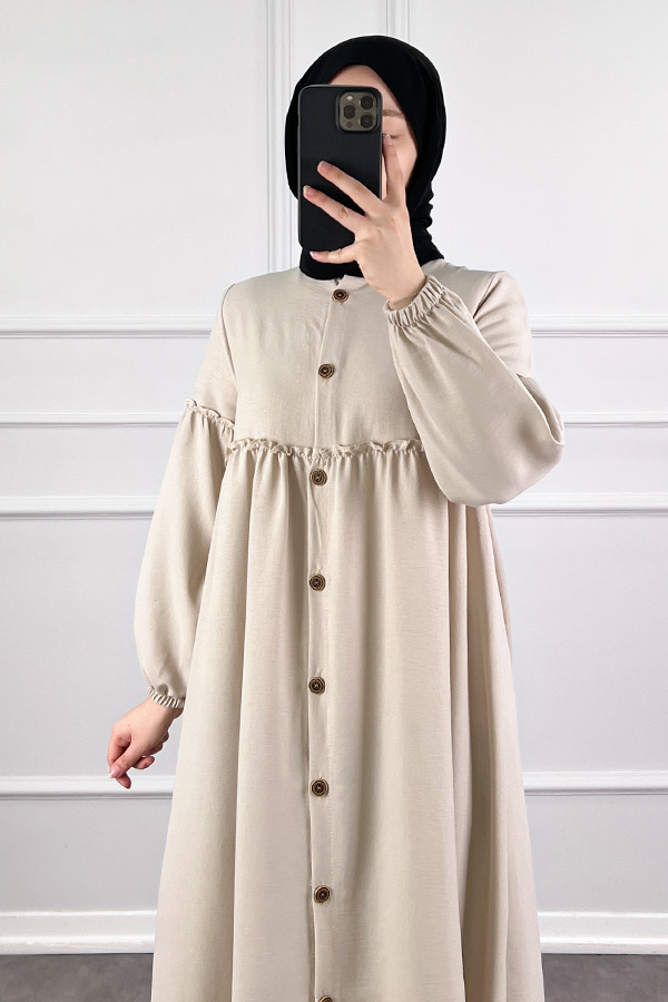 Düğmeli Tesettür Ayrobin Elbise - Taş
