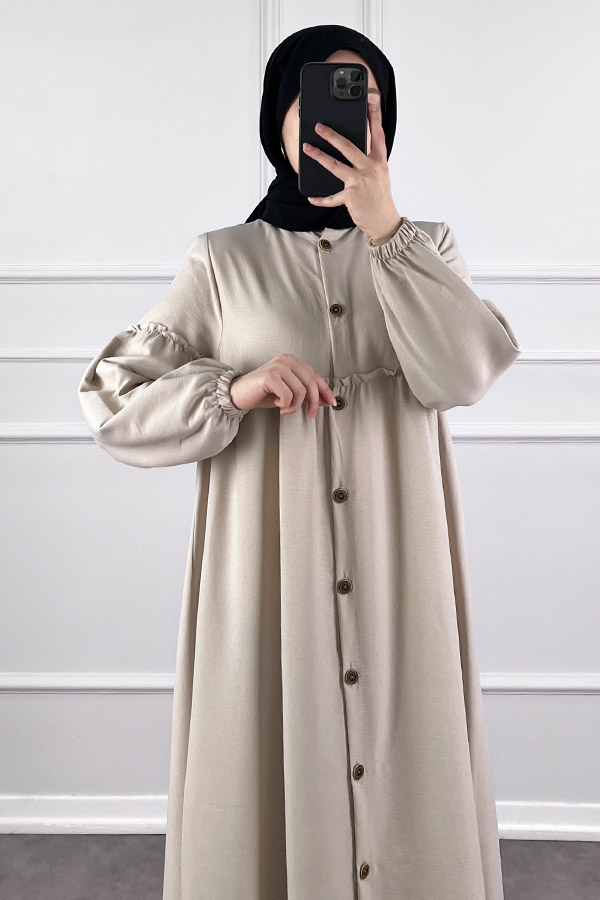 Düğmeli Tesettür Ayrobin Elbise - Taş