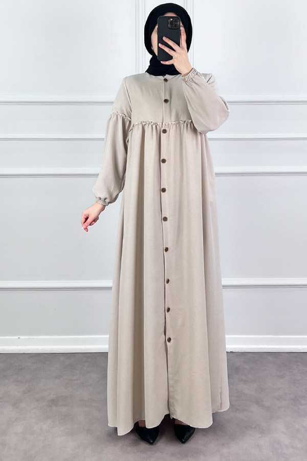 Düğmeli Tesettür Ayrobin Elbise - Taş