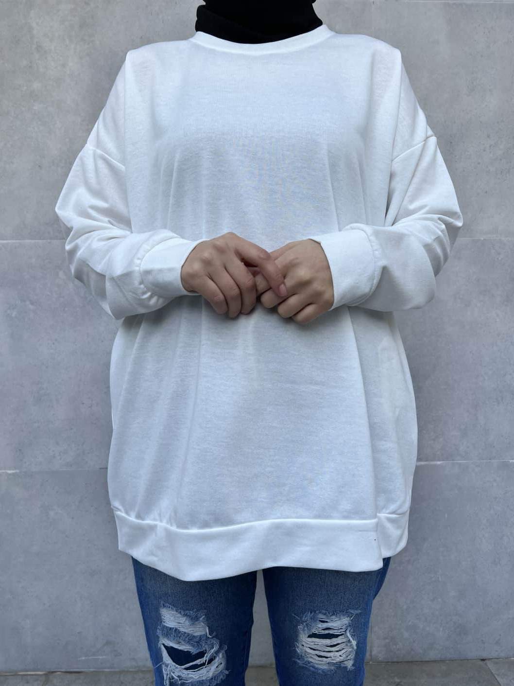 Düz Renk Basic Salaş Sweatshirt - Beyaz