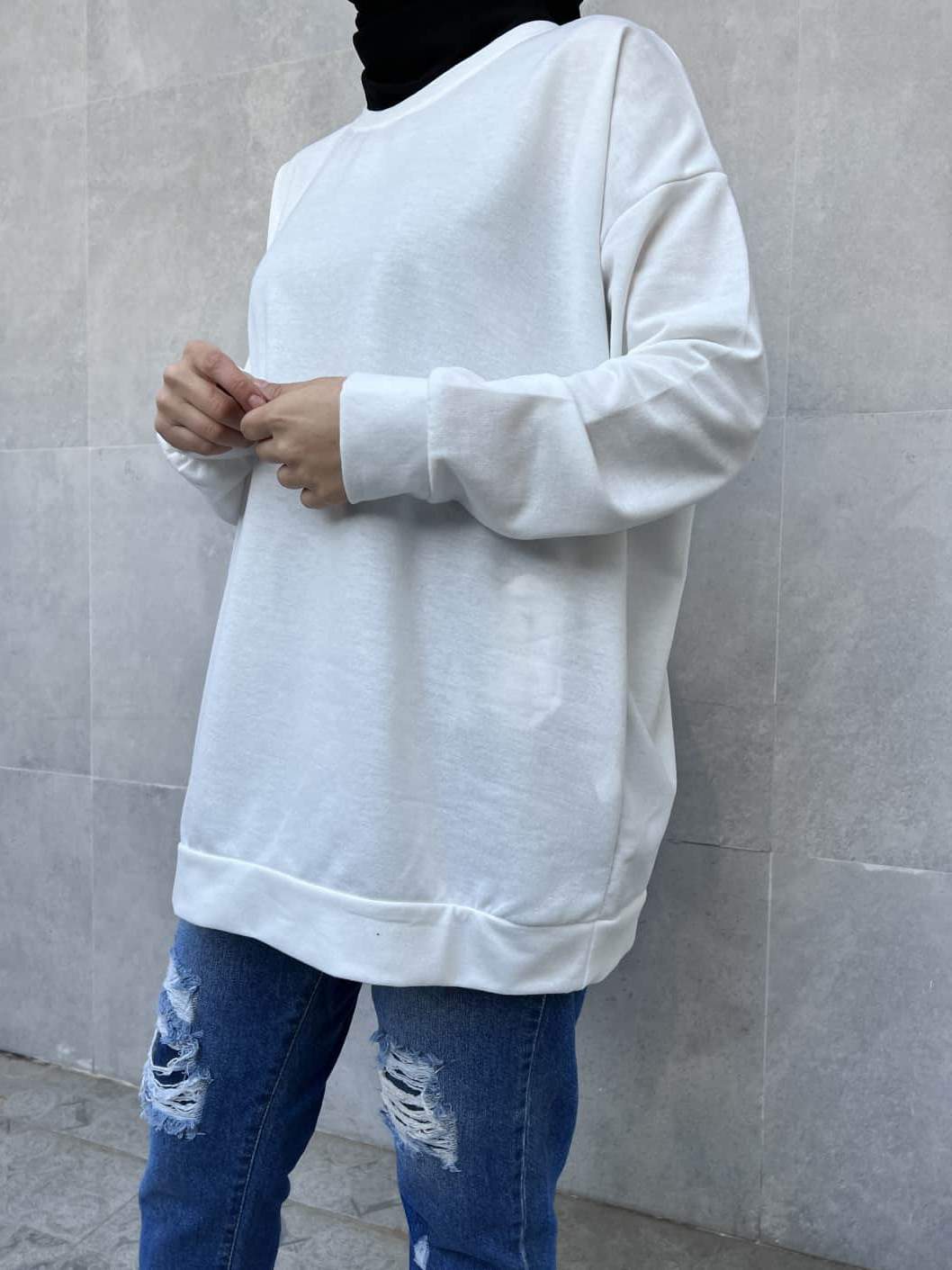 Düz Renk Basic Salaş Sweatshirt - Beyaz