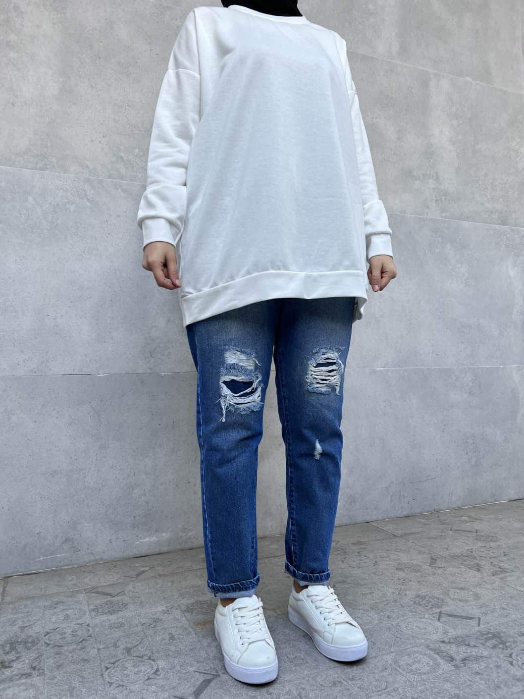 Düz Renk Basic Salaş Sweatshirt - Beyaz