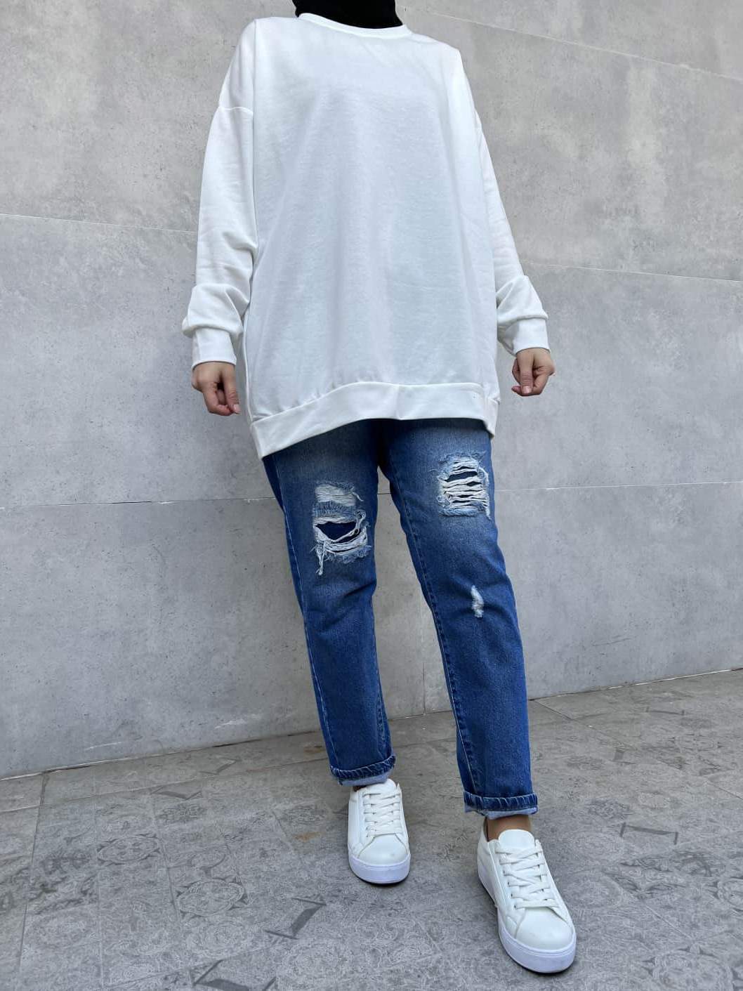 Düz Renk Basic Salaş Sweatshirt - Beyaz