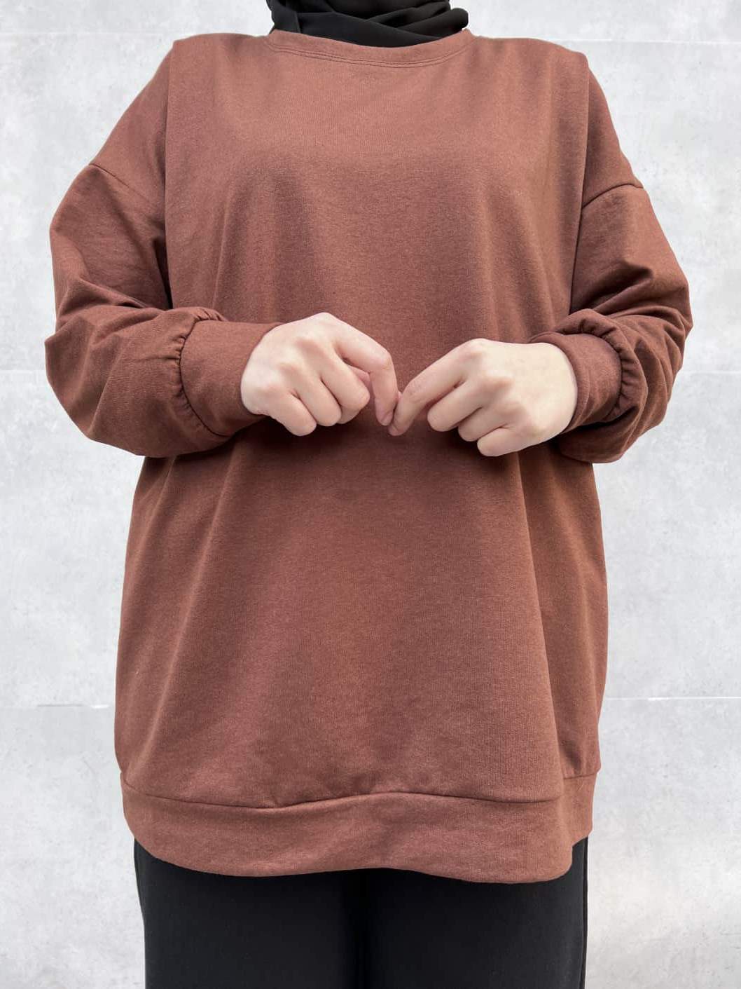 Düz Renk Basic Salaş Sweatshirt - Kahverengi