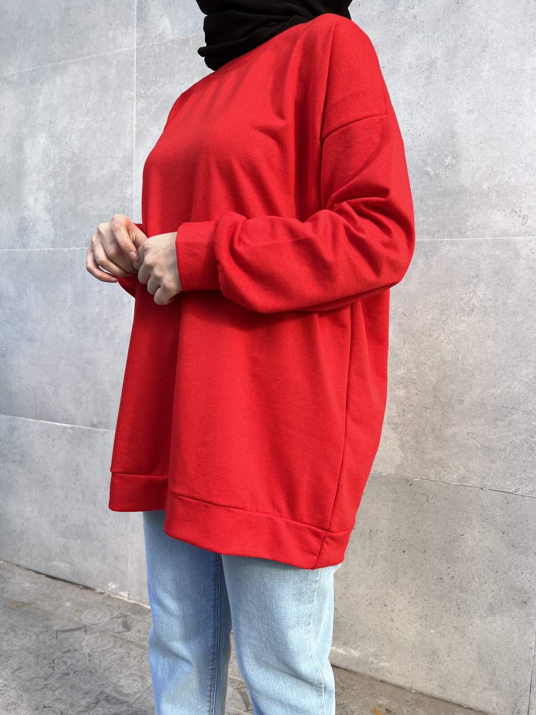 Düz Renk Basic Salaş Sweatshirt - Kırmızı Düz Renk Basic Salaş Sweatshirt - Kırmızı