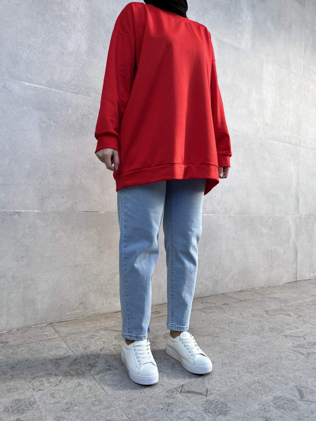 Düz Renk Basic Salaş Sweatshirt - Kırmızı Düz Renk Basic Salaş Sweatshirt - Kırmızı