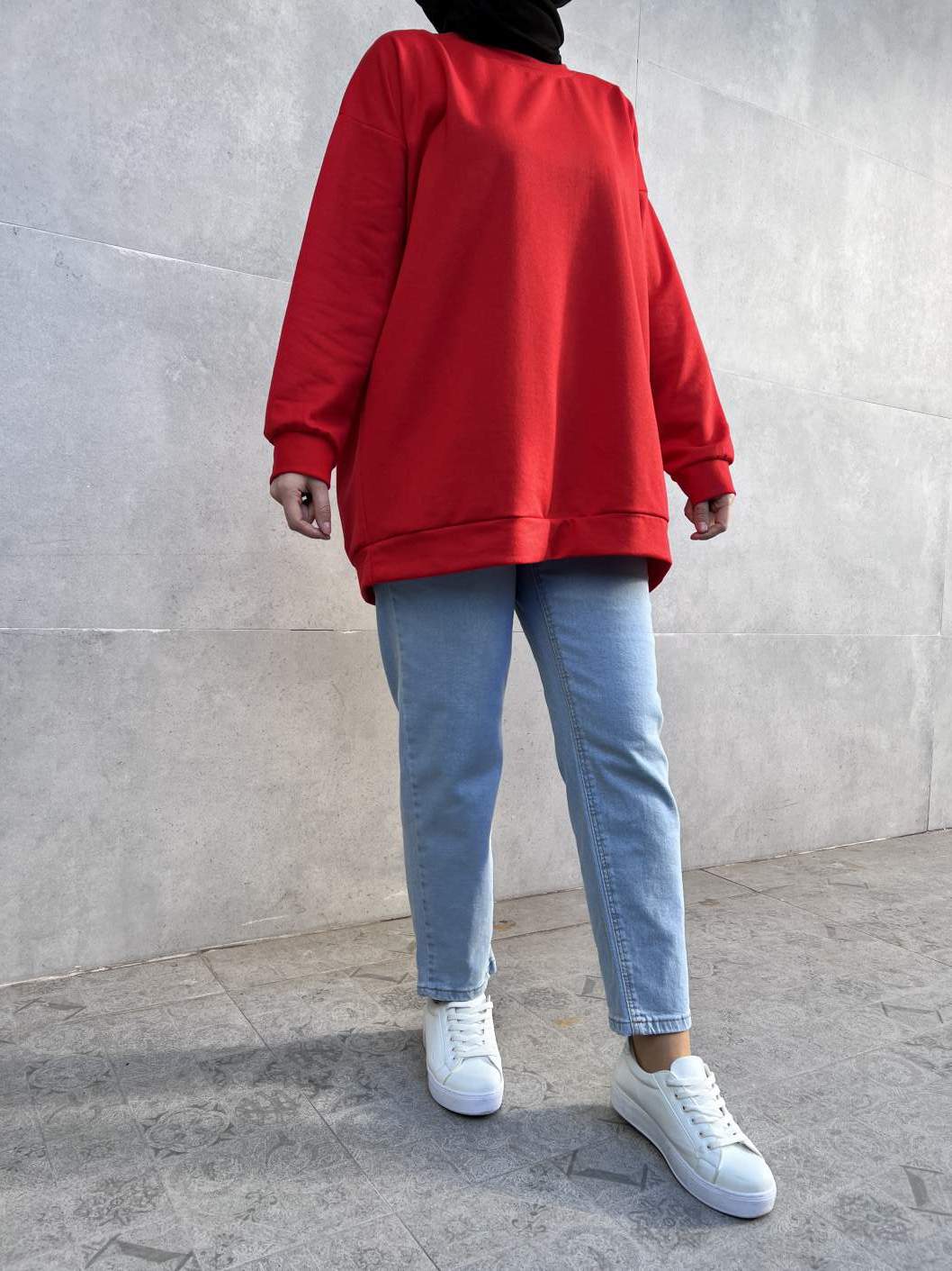 Düz Renk Basic Salaş Sweatshirt - Kırmızı Düz Renk Basic Salaş Sweatshirt - Kırmızı