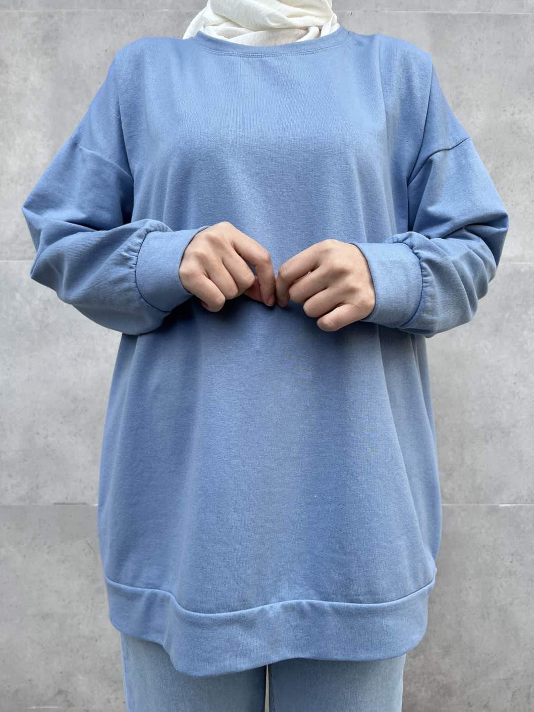 Düz Renk Basic Salaş Sweatshirt - Mavi