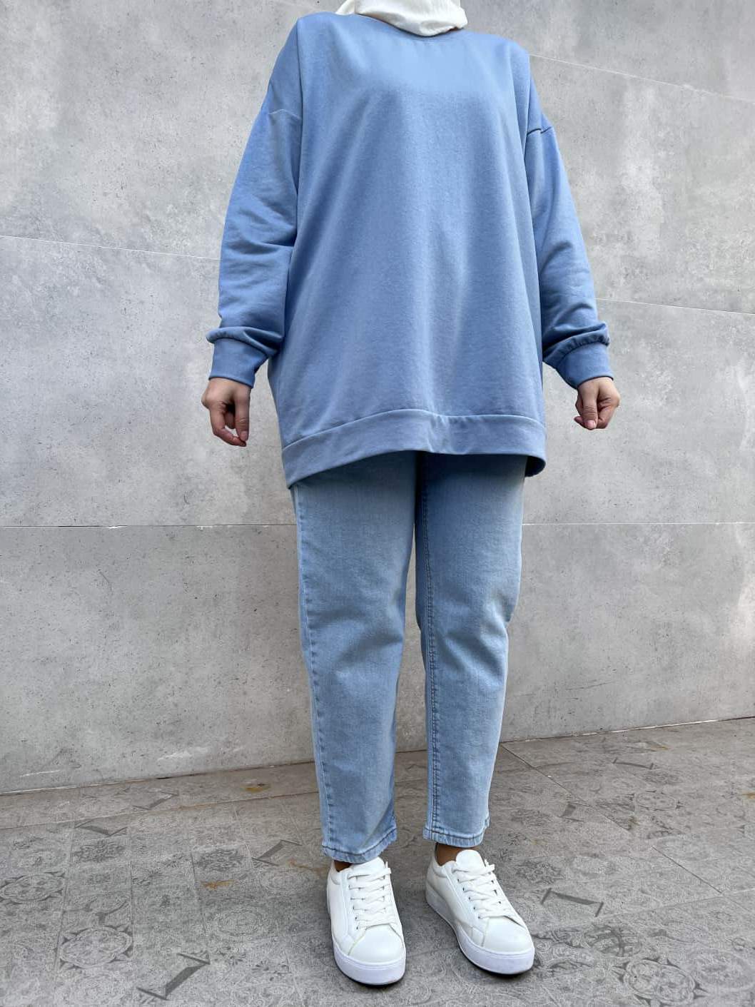 Düz Renk Basic Salaş Sweatshirt - Mavi