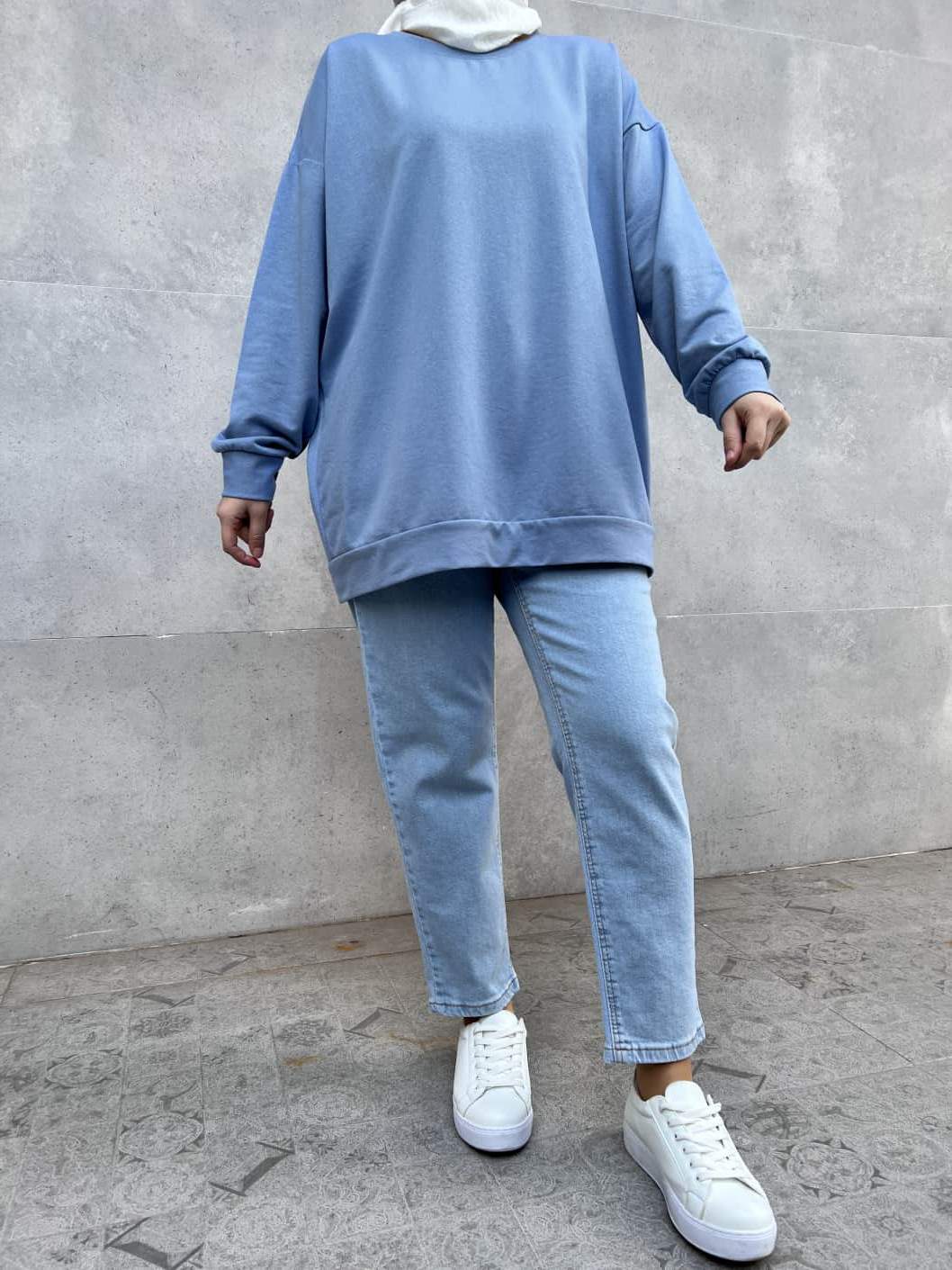 Düz Renk Basic Salaş Sweatshirt - Mavi